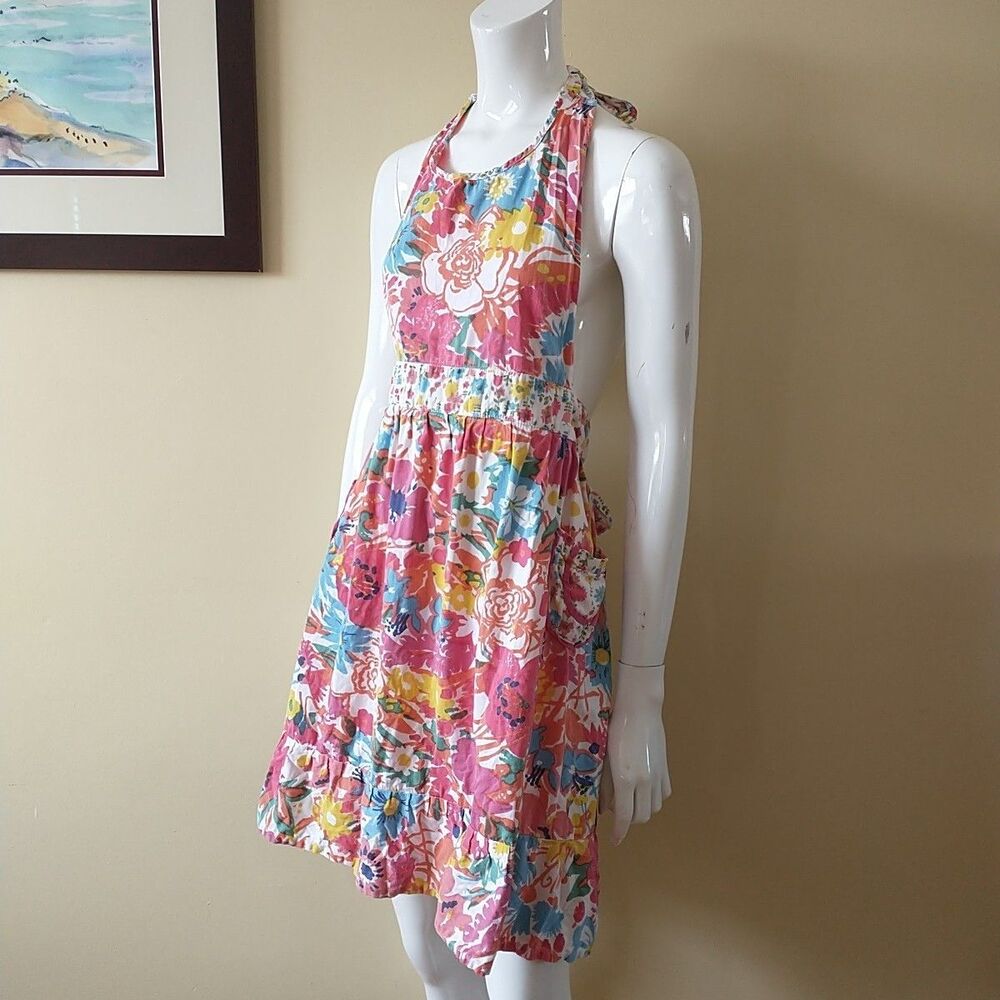 Sur La Tabla Apron Womens Floral 100% Cotton Halter Ties Pockets Bib Colorful